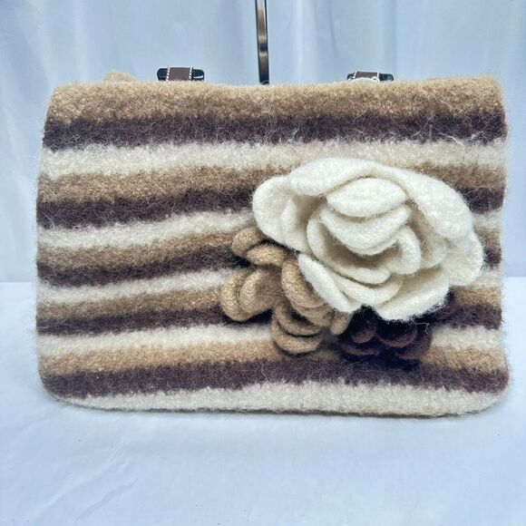 Artisan Wool Handbag Purse Removable Flowers pins Wooden handle Cottage artsy - Picture 5 of 16